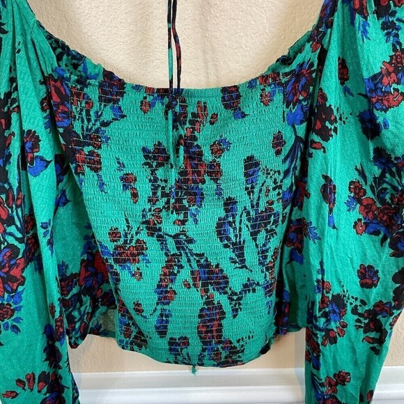 Free People Hilary Print Top Green Combo Shirt Crop Long Sleeve Blouse Size M T3 - Picture 9 of 11
